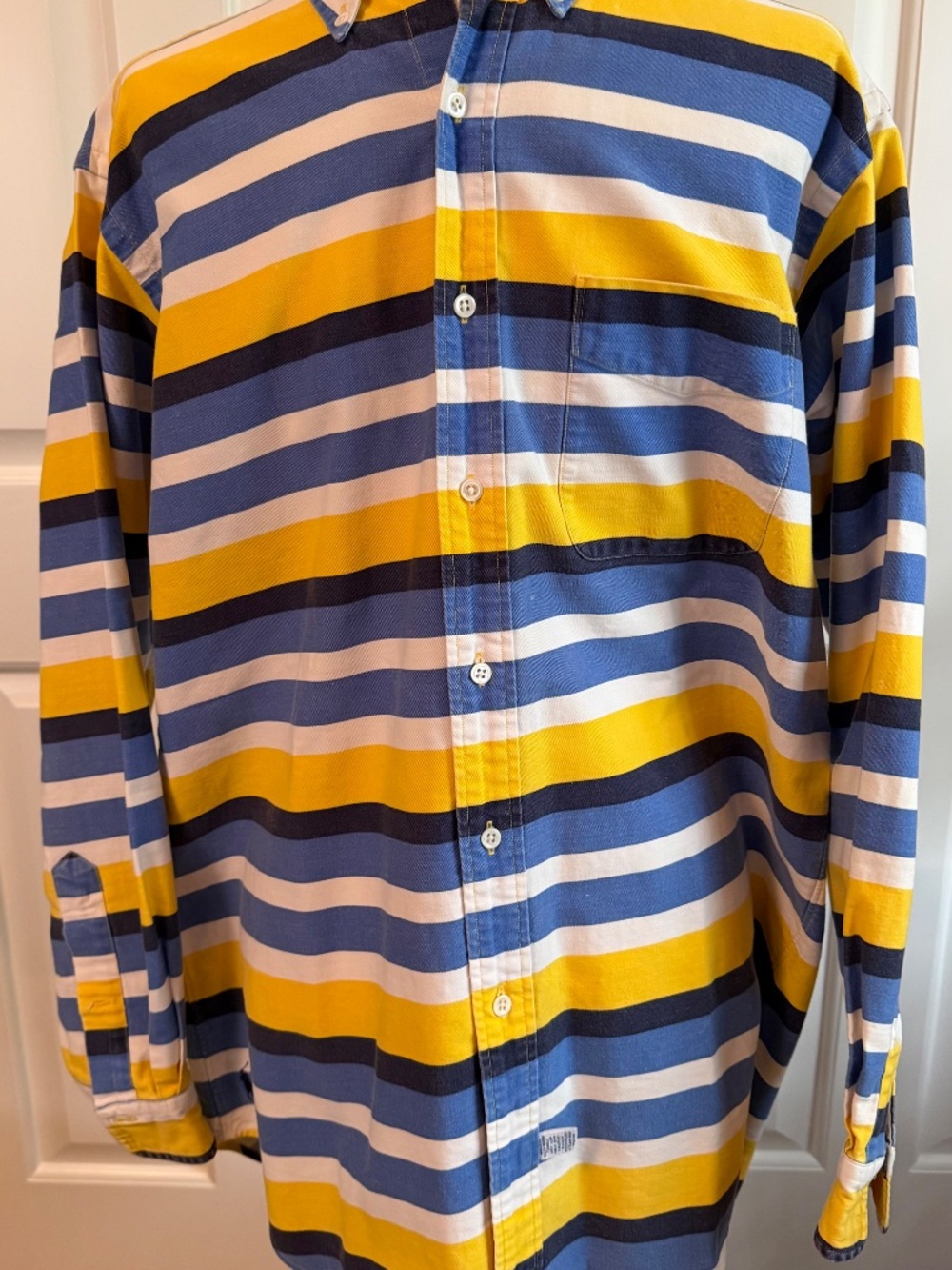Ralph Lauren mens button down shirt yellow, blue, white stripe heavy 100% cotton